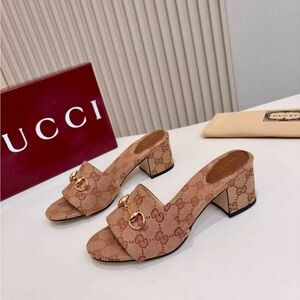 Gucci Women's Beige GG Canvas Mid Block Heel Mules